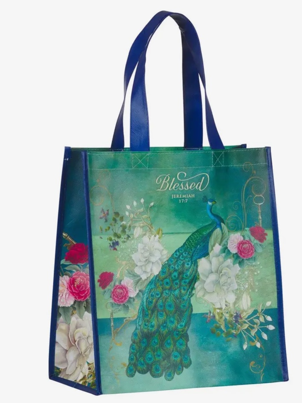 1285. Blessed Peacock Tote Bag in Teal and Blue - Picture 2 of 2
